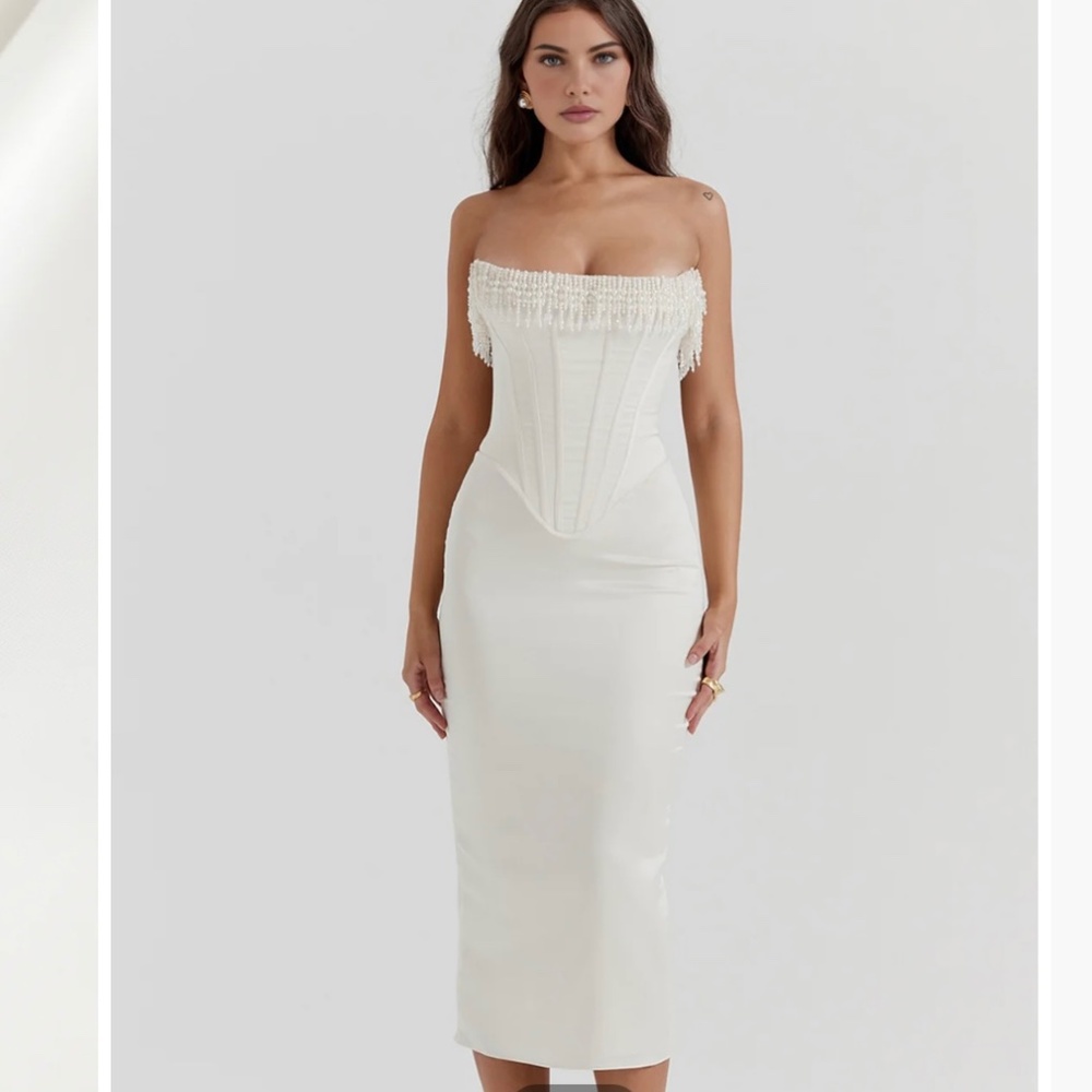 Pearl Decor Strapless Midi Dress